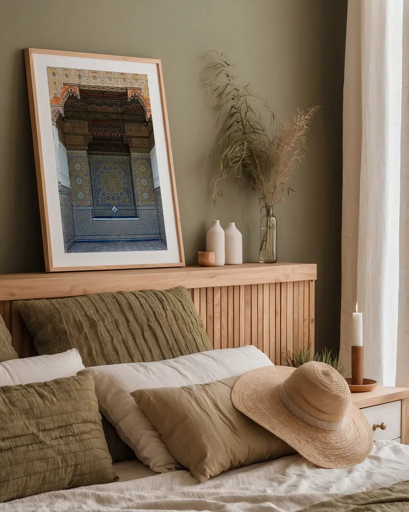 Morocco III by Deborah Revell. shown as a paper print in a natural frame. Available as a archival giclee rolled canvas, fine art paper, or poster print. SKU 94344h.