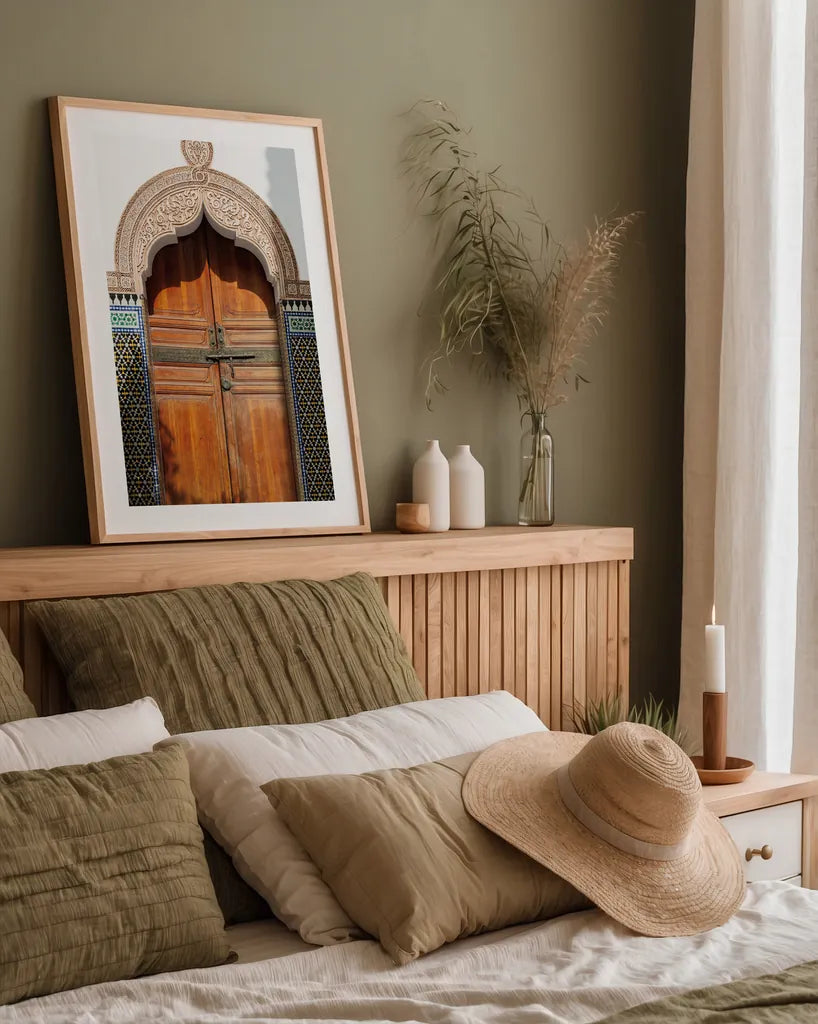 Morocco IV by Deborah Revell. shown as a paper print in a natural frame. Available as a archival giclee rolled canvas, fine art paper, or poster print. SKU 94345h.