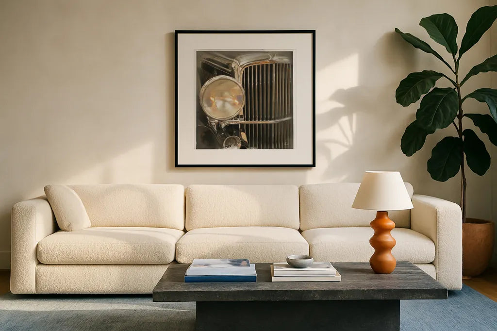 Old Sport III by Deborah Revell. Displayed in a glass frame with matte in a clean modern living room. Available as an archival giclee rolled canvas, fine art paper, or poster print. SKU 96049a.