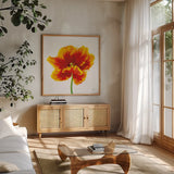 Orange Tulip by Deborah Revell. Shown in a natural wood frame in a cozy modern living room. Available as an archival giclee rolled canvas, fine art paper, or poster print. SKU 104466a.
