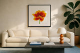 Orange Tulip by Deborah Revell. Displayed in a glass frame with matte in a clean modern living room. Available as an archival giclee rolled canvas, fine art paper, or poster print. SKU 104466a.