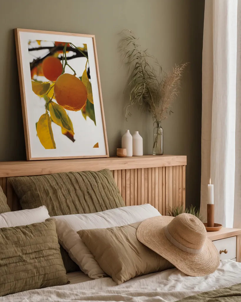 Oranges II by Deborah Revell. shown as a paper print in a natural frame. Available as a archival giclee rolled canvas, fine art paper, or poster print. SKU 94129h.