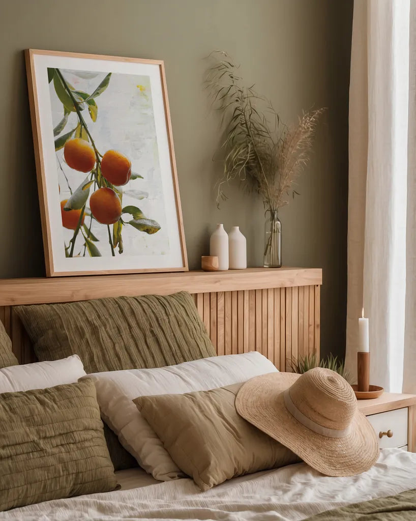 Oranges III by Deborah Revell. shown as a paper print in a natural frame. Available as a archival giclee rolled canvas, fine art paper, or poster print. SKU 94130h.