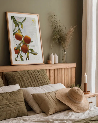 Oranges III by Deborah Revell. shown as a paper print in a natural frame. Available as a archival giclee rolled canvas, fine art paper, or poster print. SKU 94130h.