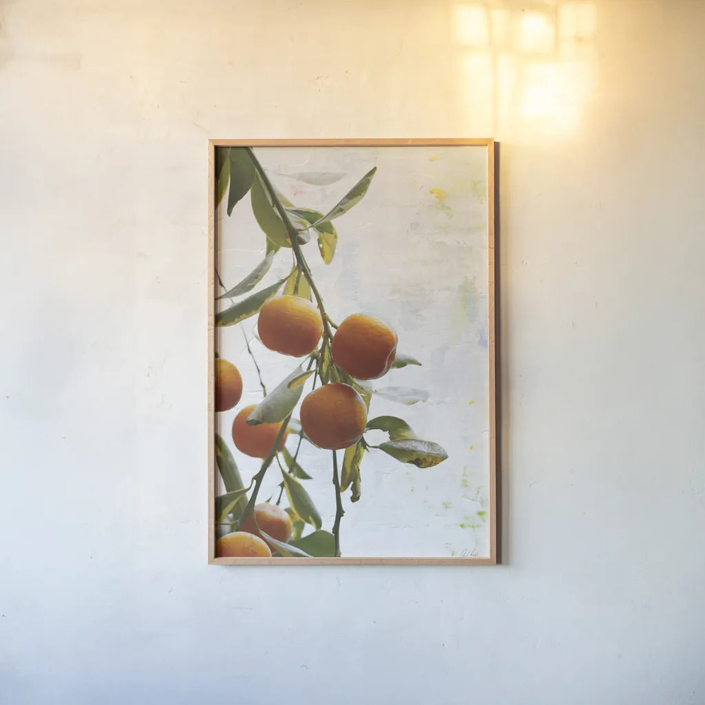 Oranges III by Deborah Revell. shown as a paper print in a natural frame. Available as a archival giclee rolled canvas, fine art paper, or poster print. SKU 94130h.