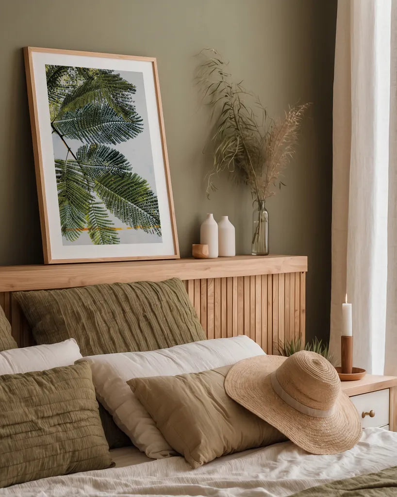 Palm Branch by Deborah Revell. shown as a paper print in a natural frame. Available as a archival giclee rolled canvas, fine art paper, or poster print. SKU 91855h.