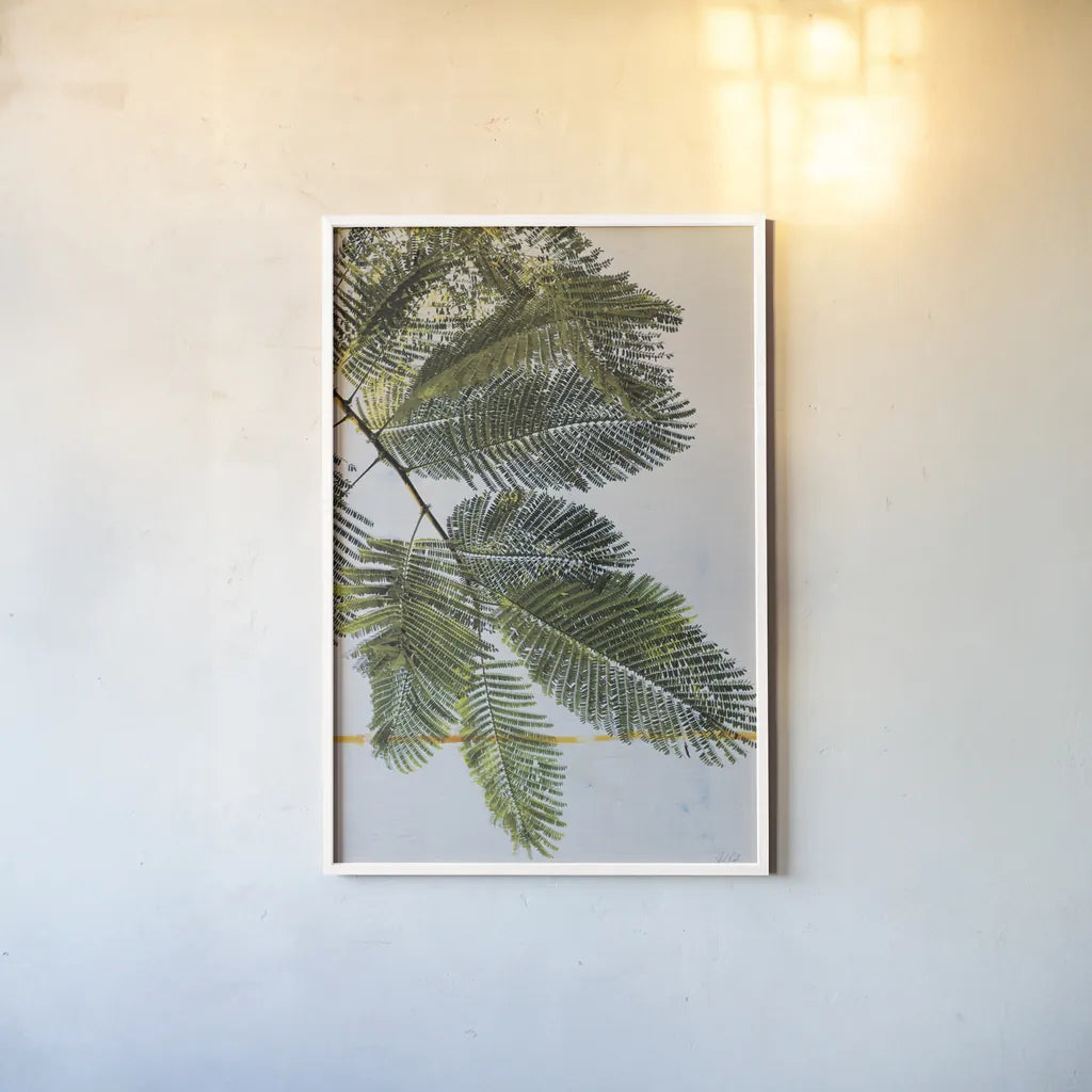 Palm Branch by Deborah Revell. shown as a paper print in a white frame. Available as a archival giclee rolled canvas, fine art paper, or poster print. SKU 91855h.