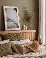 Palm Shadow Afternoon I by Deborah Revell. shown as a paper print in a natural frame. Available as a archival giclee rolled canvas, fine art paper, or poster print. SKU 94352h.