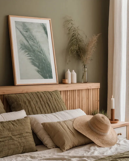 Palm Shadow I by Deborah Revell. shown as a paper print in a natural frame. Available as a archival giclee rolled canvas, fine art paper, or poster print. SKU 94354h.