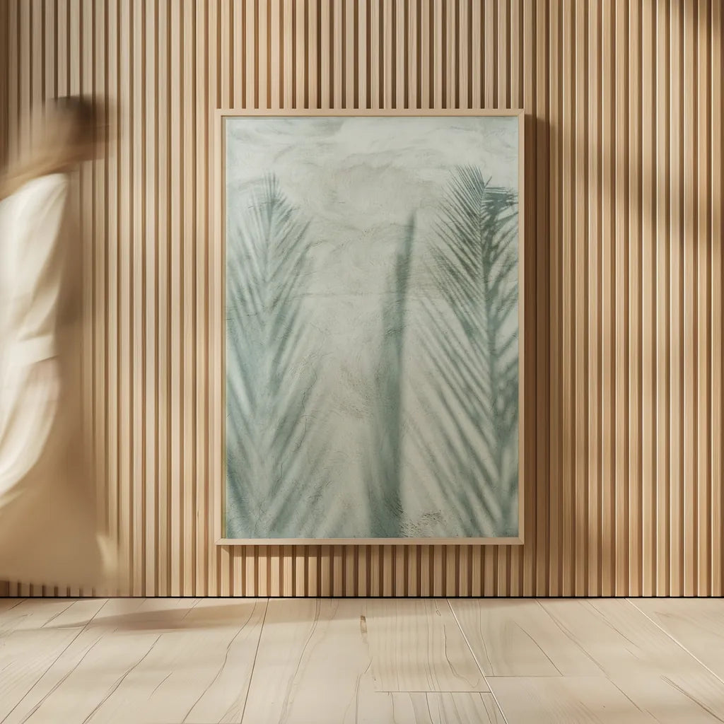 Palm Shadow II by Deborah Revell. shown as over sized large wall art. Available as an archival giclee rolled canvas, fine art paper, or poster print. SKU 94355h.