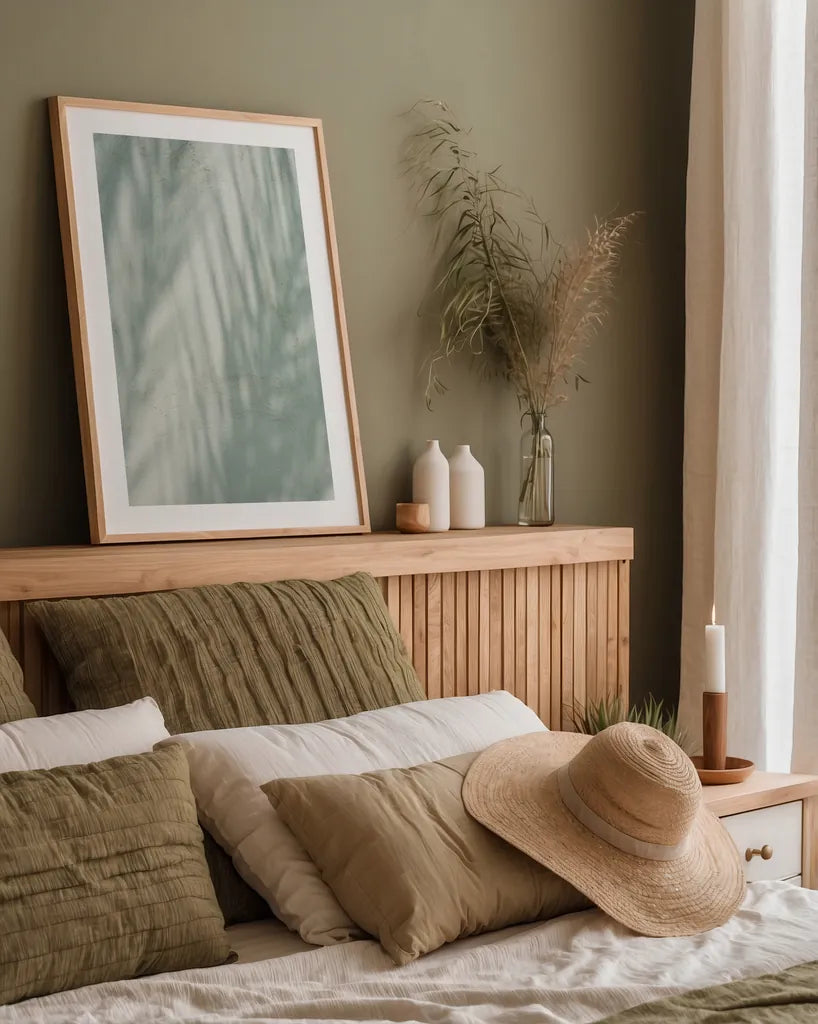 Palm Shadow III by Deborah Revell. shown as a paper print in a natural frame. Available as a archival giclee rolled canvas, fine art paper, or poster print. SKU 94356h.