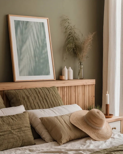 Palm Shadow III by Deborah Revell. shown as a paper print in a natural frame. Available as a archival giclee rolled canvas, fine art paper, or poster print. SKU 94356h.