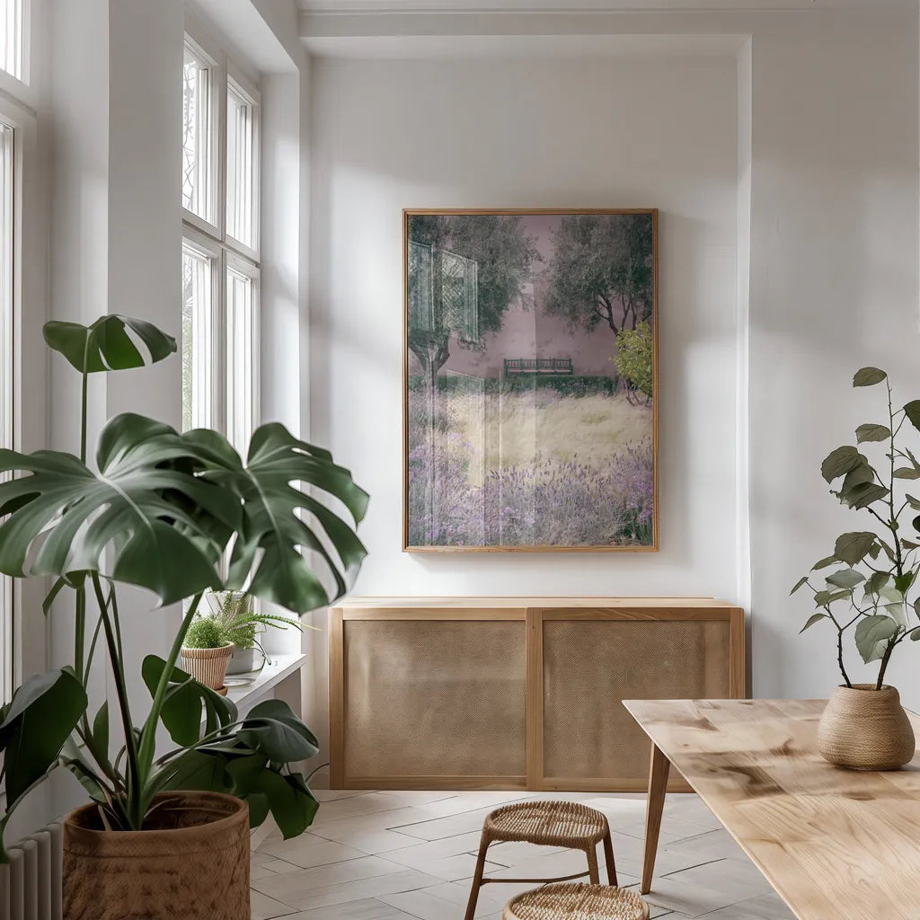 Paradise I by Deborah Revell. shown as a print in a natural wood frame in a dining room. Available as a archival giclee rolled canvas, fine art paper, or poster print. SKU 94373h.
