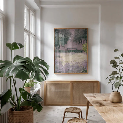 Paradise I by Deborah Revell. shown as a print in a natural wood frame in a dining room. Available as a archival giclee rolled canvas, fine art paper, or poster print. SKU 94373h.