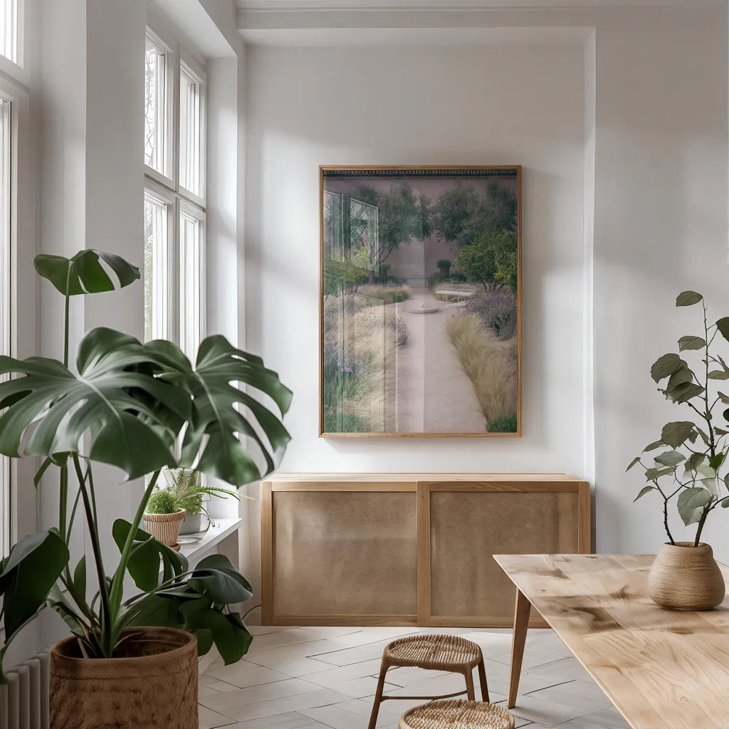 Paradise II by Deborah Revell. shown as a print in a natural wood frame in a dining room. Available as a archival giclee rolled canvas, fine art paper, or poster print. SKU 94374h.