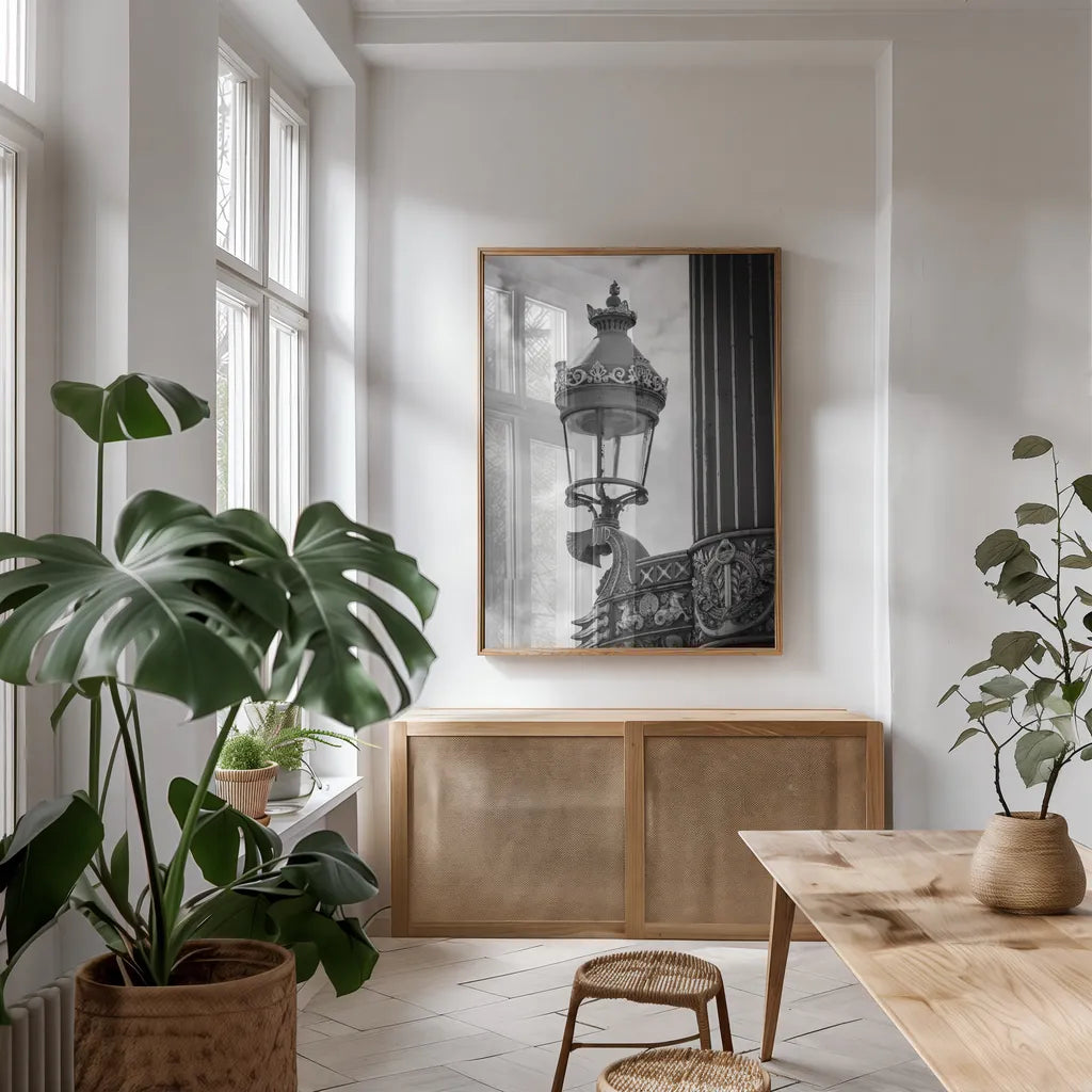 Paris Architecture III by Deborah Revell. shown as a print in a natural wood frame in a dining room. Available as a archival giclee rolled canvas, fine art paper, or poster print. SKU 93488h.