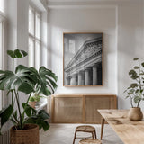 Paris Architecture IV by Deborah Revell. shown as a print in a natural wood frame in a dining room. Available as a archival giclee rolled canvas, fine art paper, or poster print. SKU 93489h.