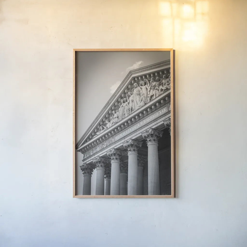 Paris Architecture IV by Deborah Revell. shown as a paper print in a natural frame. Available as a archival giclee rolled canvas, fine art paper, or poster print. SKU 93489h.