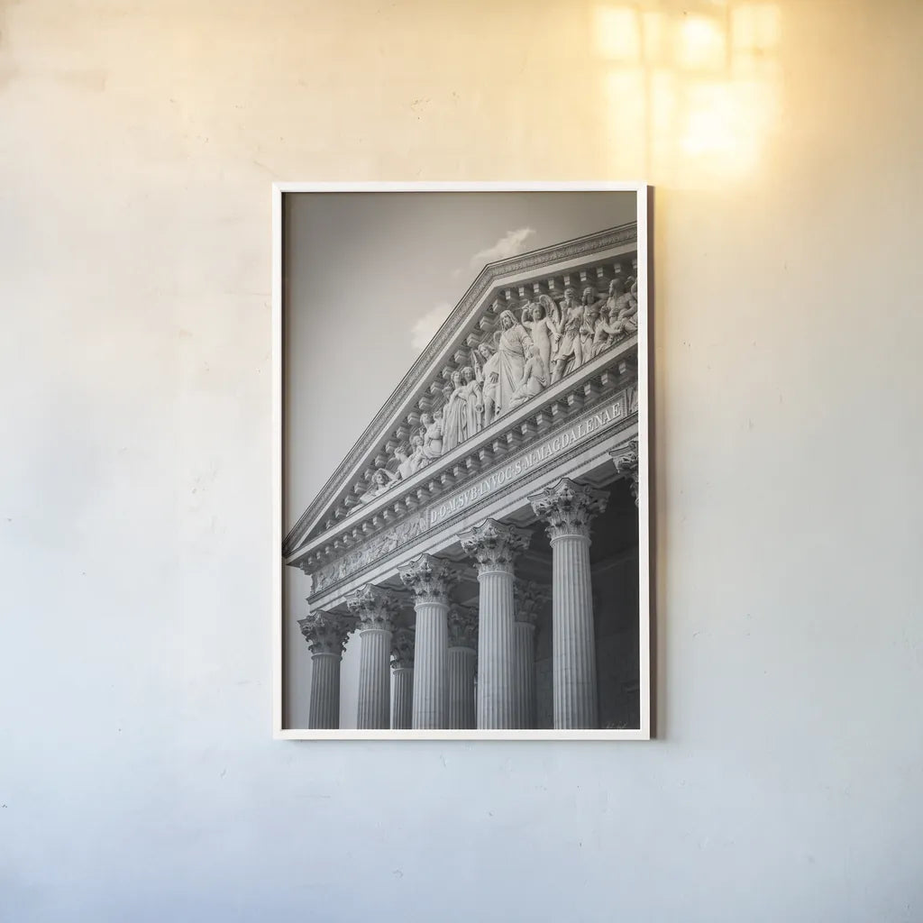 Paris Architecture IV by Deborah Revell. shown as a paper print in a white frame. Available as a archival giclee rolled canvas, fine art paper, or poster print. SKU 93489h.