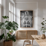 Paris Architecture V by Deborah Revell. shown as a print in a natural wood frame in a dining room. Available as a archival giclee rolled canvas, fine art paper, or poster print. SKU 93490h.