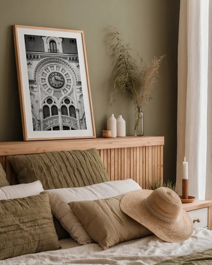 Paris Architecture V by Deborah Revell. shown as a paper print in a natural frame. Available as a archival giclee rolled canvas, fine art paper, or poster print. SKU 93490h.