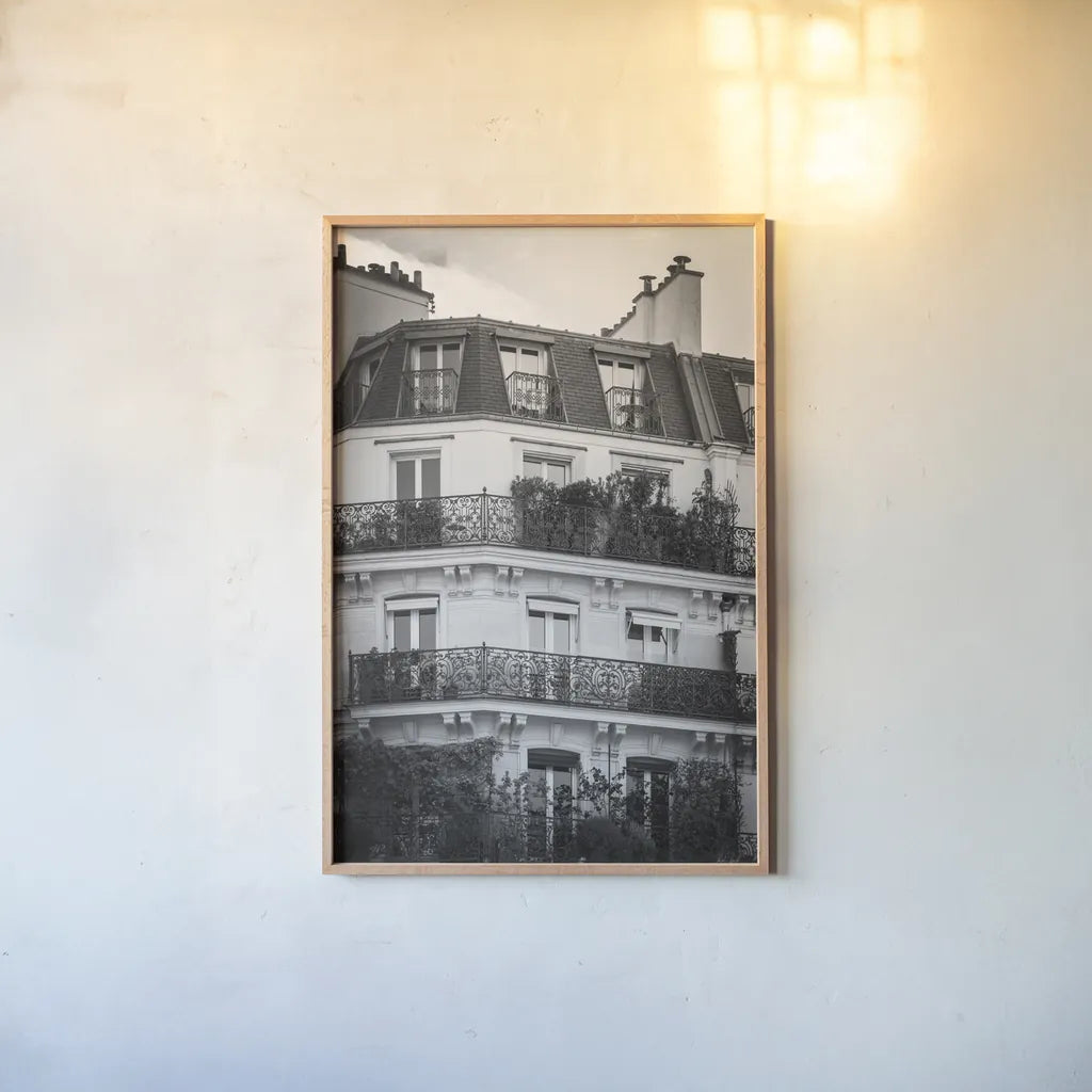Paris Architecture VI by Deborah Revell. shown as a paper print in a natural frame. Available as a archival giclee rolled canvas, fine art paper, or poster print. SKU 93491h.