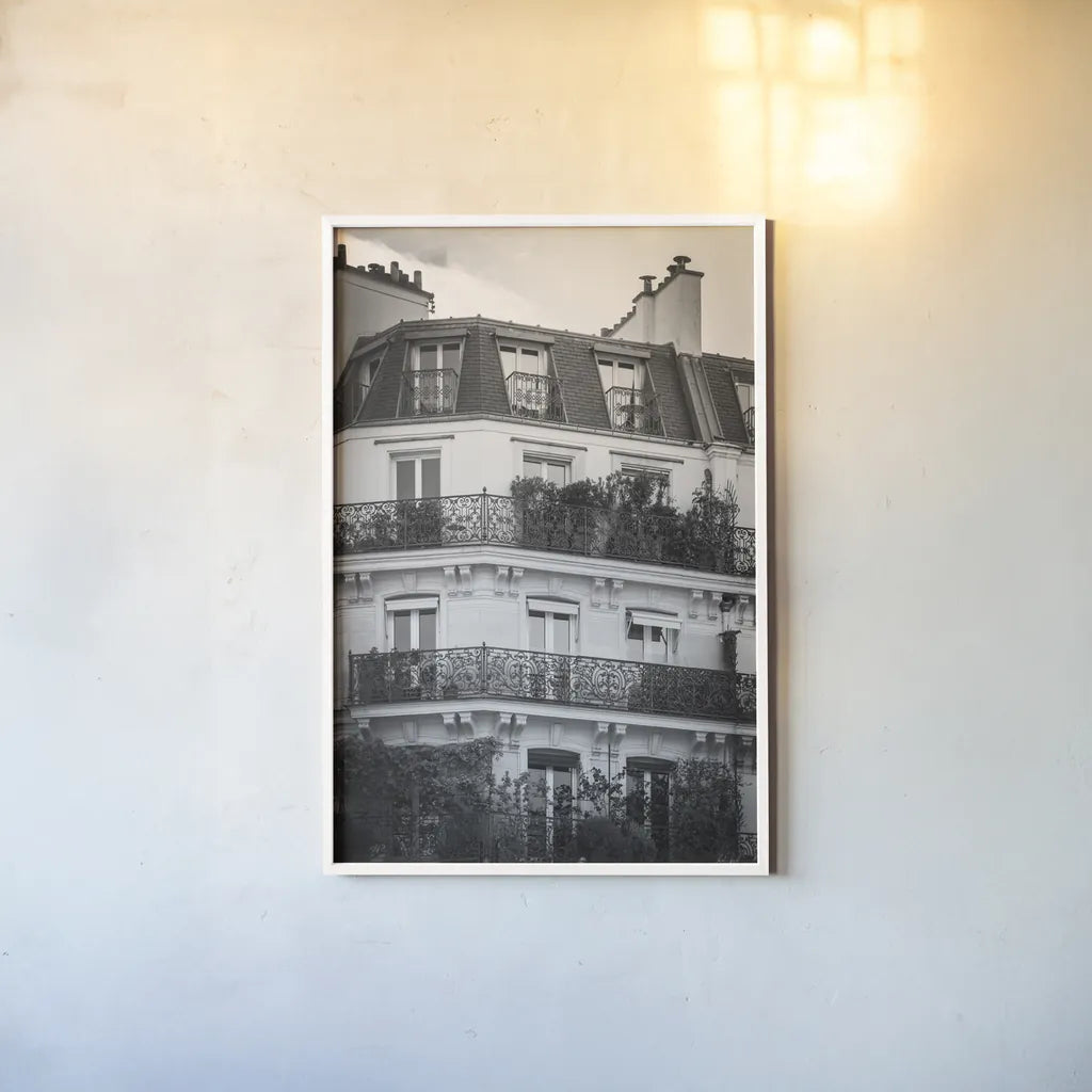 Paris Architecture VI by Deborah Revell. shown as a paper print in a white frame. Available as a archival giclee rolled canvas, fine art paper, or poster print. SKU 93491h.
