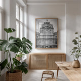 Paris Architecture VII by Deborah Revell. shown as a print in a natural wood frame in a dining room. Available as a archival giclee rolled canvas, fine art paper, or poster print. SKU 93492h.