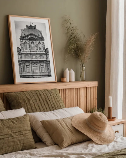 Paris Architecture VII by Deborah Revell. shown as a paper print in a natural frame. Available as a archival giclee rolled canvas, fine art paper, or poster print. SKU 93492h.