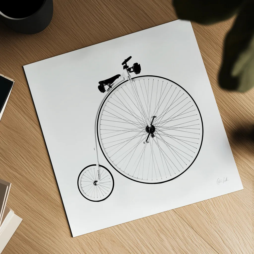 Penny Farthing by Deborah Revell. Shown as a detailed flat fine art print, highlighting archival giclee quality. Available as an archival giclee rolled canvas, fine art paper, or poster print. SKU 92265a.