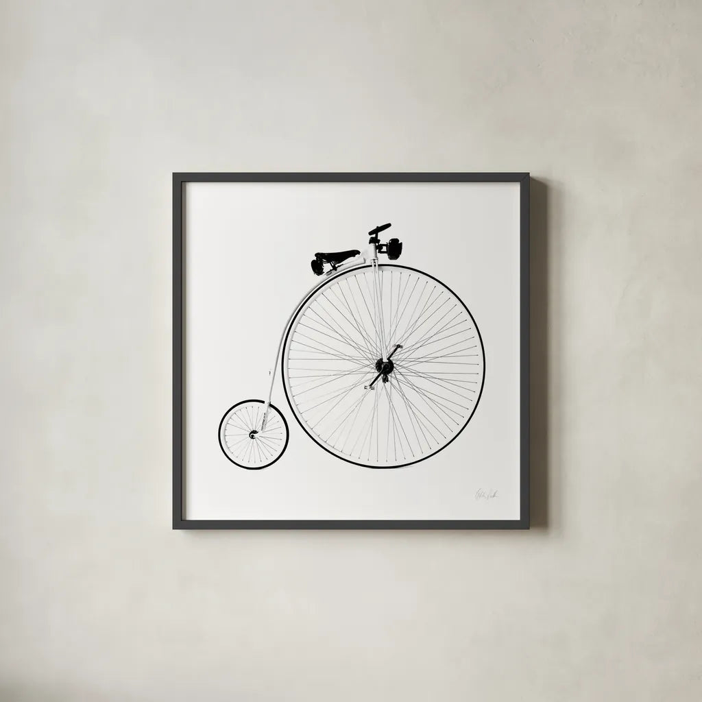 Penny Farthing by Deborah Revell. Shown in a sleek black glass frame for a contemporary gallery look. Available as an archival giclee rolled canvas, fine art paper, or poster print. SKU 92265a.