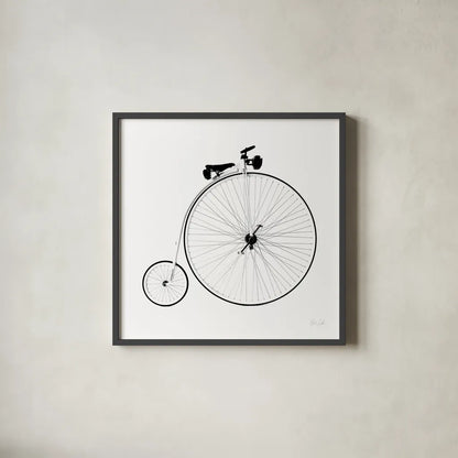 Penny Farthing by Deborah Revell. Shown in a sleek black glass frame for a contemporary gallery look. Available as an archival giclee rolled canvas, fine art paper, or poster print. SKU 92265a.