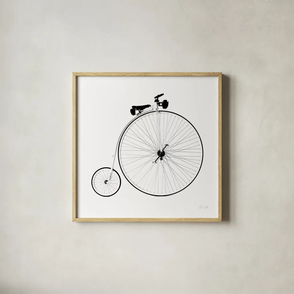 Penny Farthing by Deborah Revell. Shown in a natural wood glass frame for a timeless modern aesthetic. Available as an archival giclee rolled canvas, fine art paper, or poster print. SKU 92265a.
