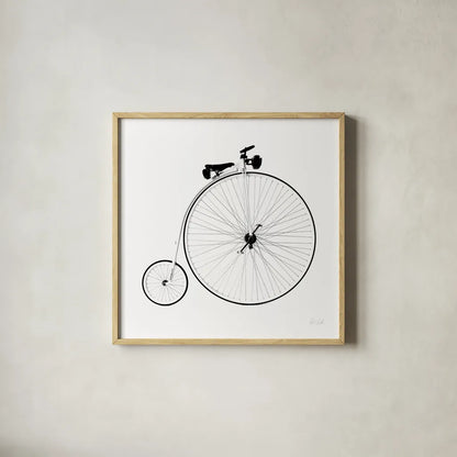 Penny Farthing by Deborah Revell. Shown in a natural wood glass frame for a timeless modern aesthetic. Available as an archival giclee rolled canvas, fine art paper, or poster print. SKU 92265a.