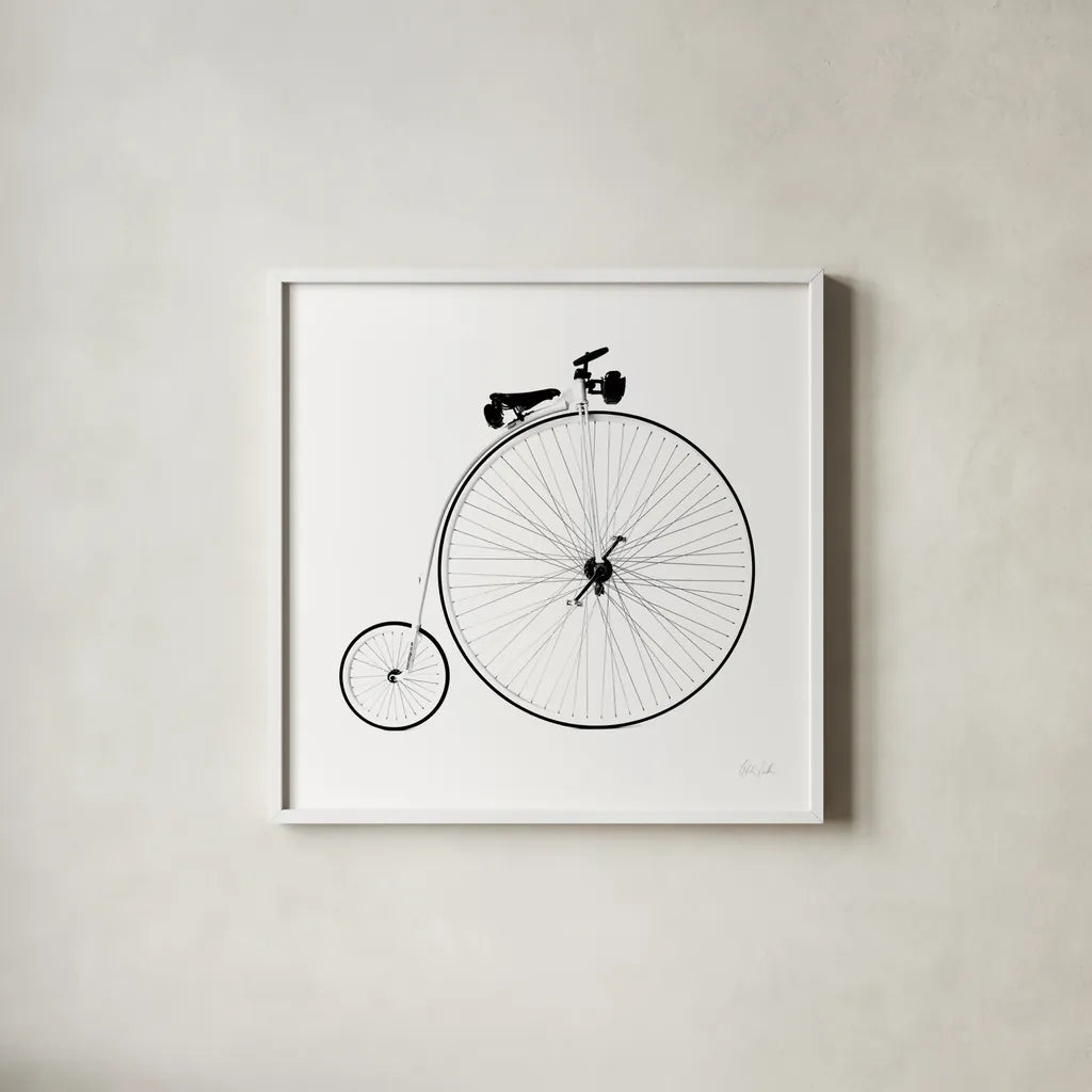 Penny Farthing by Deborah Revell. Shown in a crisp white glass frame for a clean and minimalist style. Available as an archival giclee rolled canvas, fine art paper, or poster print. SKU 92265a.