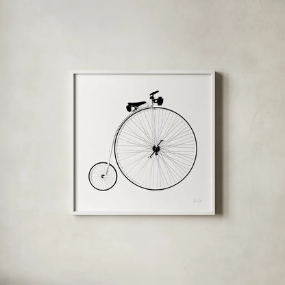 Penny Farthing by Deborah Revell. Shown in a crisp white glass frame for a clean and minimalist style. Available as an archival giclee rolled canvas, fine art paper, or poster print. SKU 92265a.