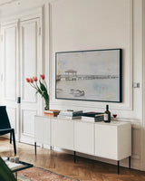 Pier II by Deborah Revell. shown as a framed stretched canvas in a living room above a console. Available as a archival giclee rolled canvas, fine art paper, or poster print. SKU 91625i.