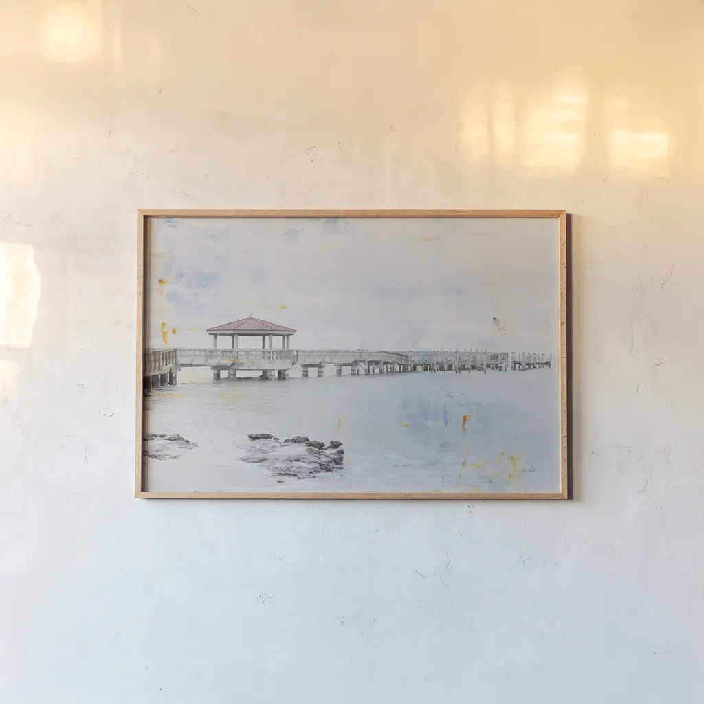 Pier II by Deborah Revell. shown as a paper print in a natural frame. Available as a archival giclee rolled canvas, fine art paper, or poster print. SKU 91625i.