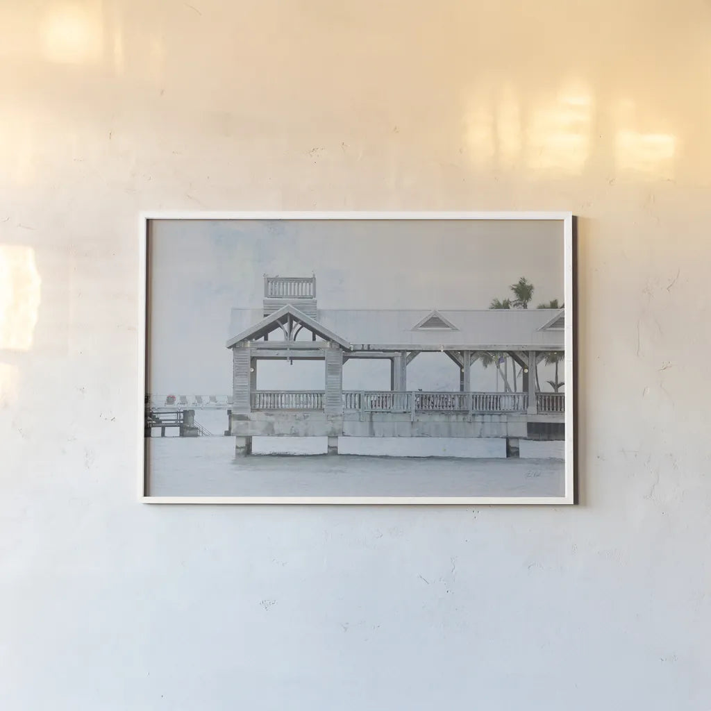 Pier III by Deborah Revell. shown as a paper print in a white frame. Available as a archival giclee rolled canvas, fine art paper, or poster print. SKU 91626i.