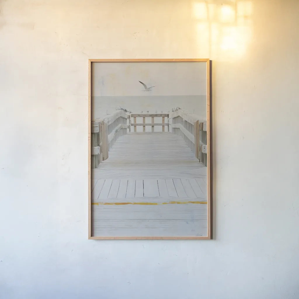 Pier IV by Deborah Revell. shown as a paper print in a natural frame. Available as a archival giclee rolled canvas, fine art paper, or poster print. SKU 91627h.