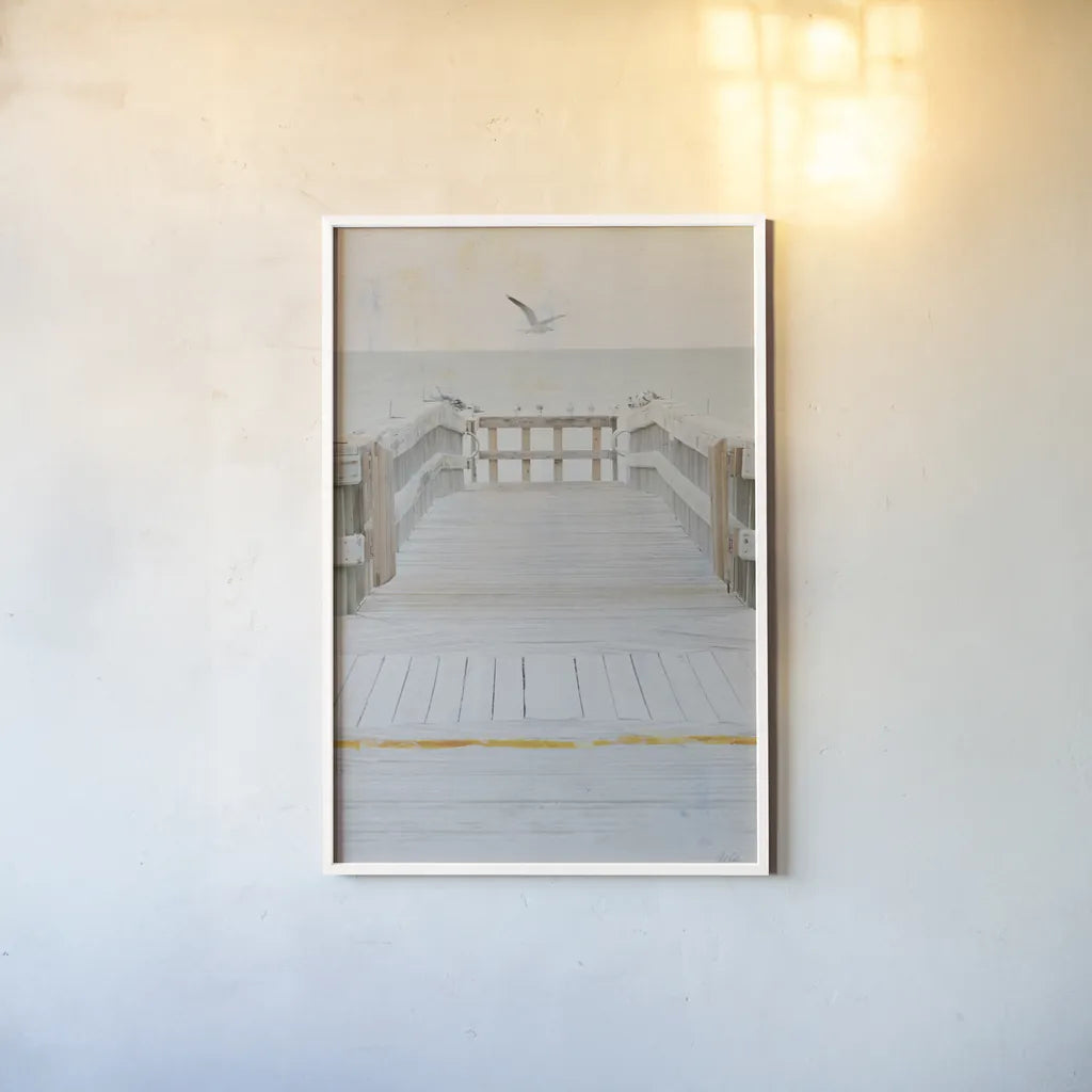 Pier IV by Deborah Revell. shown as a paper print in a white frame. Available as a archival giclee rolled canvas, fine art paper, or poster print. SKU 91627h.
