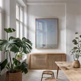 Pier V by Deborah Revell. shown as a print in a natural wood frame in a dining room. Available as a archival giclee rolled canvas, fine art paper, or poster print. SKU 91628h.