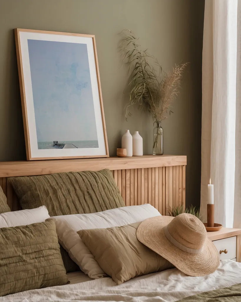 Pier V by Deborah Revell. shown as a paper print in a natural frame. Available as a archival giclee rolled canvas, fine art paper, or poster print. SKU 91628h.