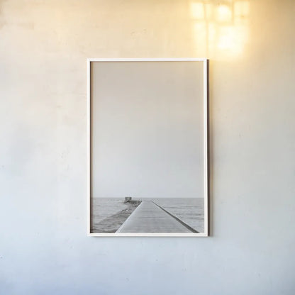 Pier V Sepia by Deborah Revell. shown as a paper print in a white frame. Available as a archival giclee rolled canvas, fine art paper, or poster print. SKU 95312h.