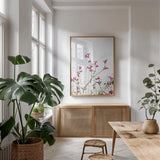 Pink Campion by Deborah Revell. shown as a print in a natural wood frame in a dining room. Available as a archival giclee rolled canvas, fine art paper, or poster print. SKU 93429h.