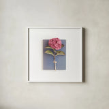 Pink Hydrangea on Book by Deborah Revell. Shown in a crisp white glass frame for a clean and minimalist style. Available as an archival giclee rolled canvas, fine art paper, or poster print. SKU 98517a.
