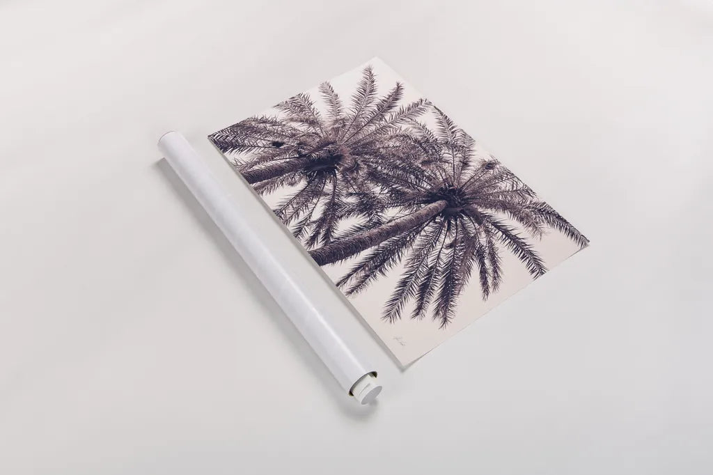 Pink Palms Horizontal by Deborah Revell. shown as a rolled paper print. Available as archival giclee rolled canvas, fine art paper, or poster print. SKU 94378i.