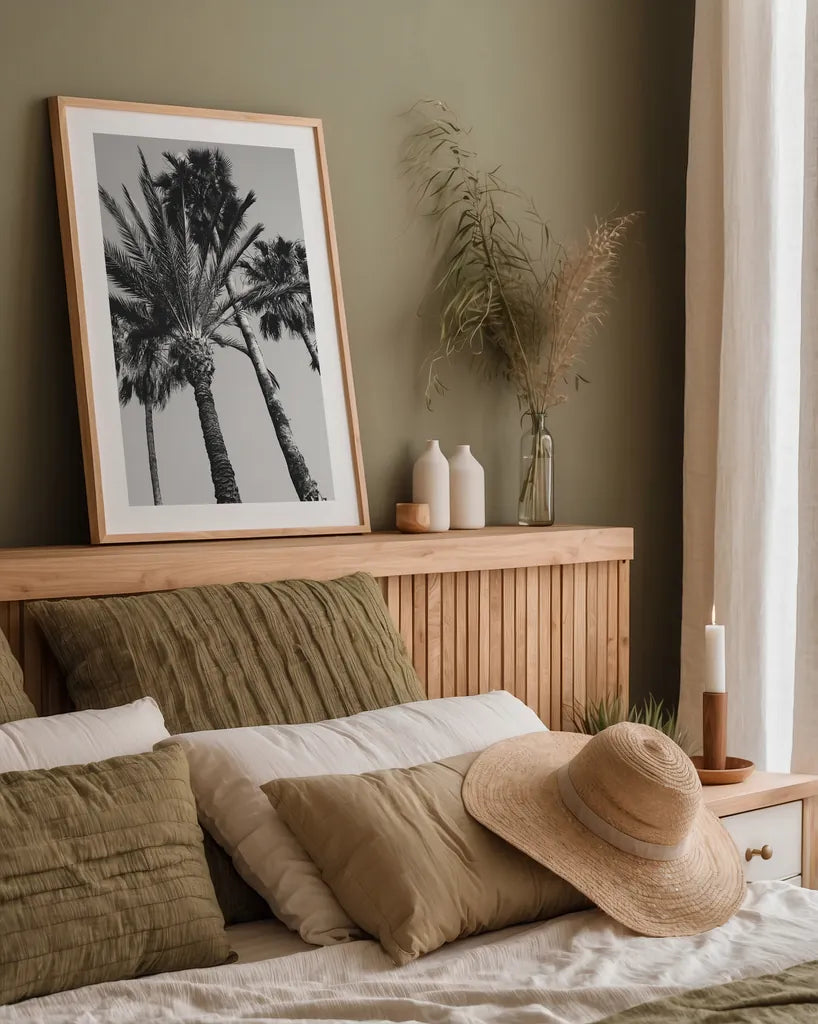 Pink Palms II BW by Deborah Revell. shown as a paper print in a natural frame. Available as a archival giclee rolled canvas, fine art paper, or poster print. SKU 95504h.