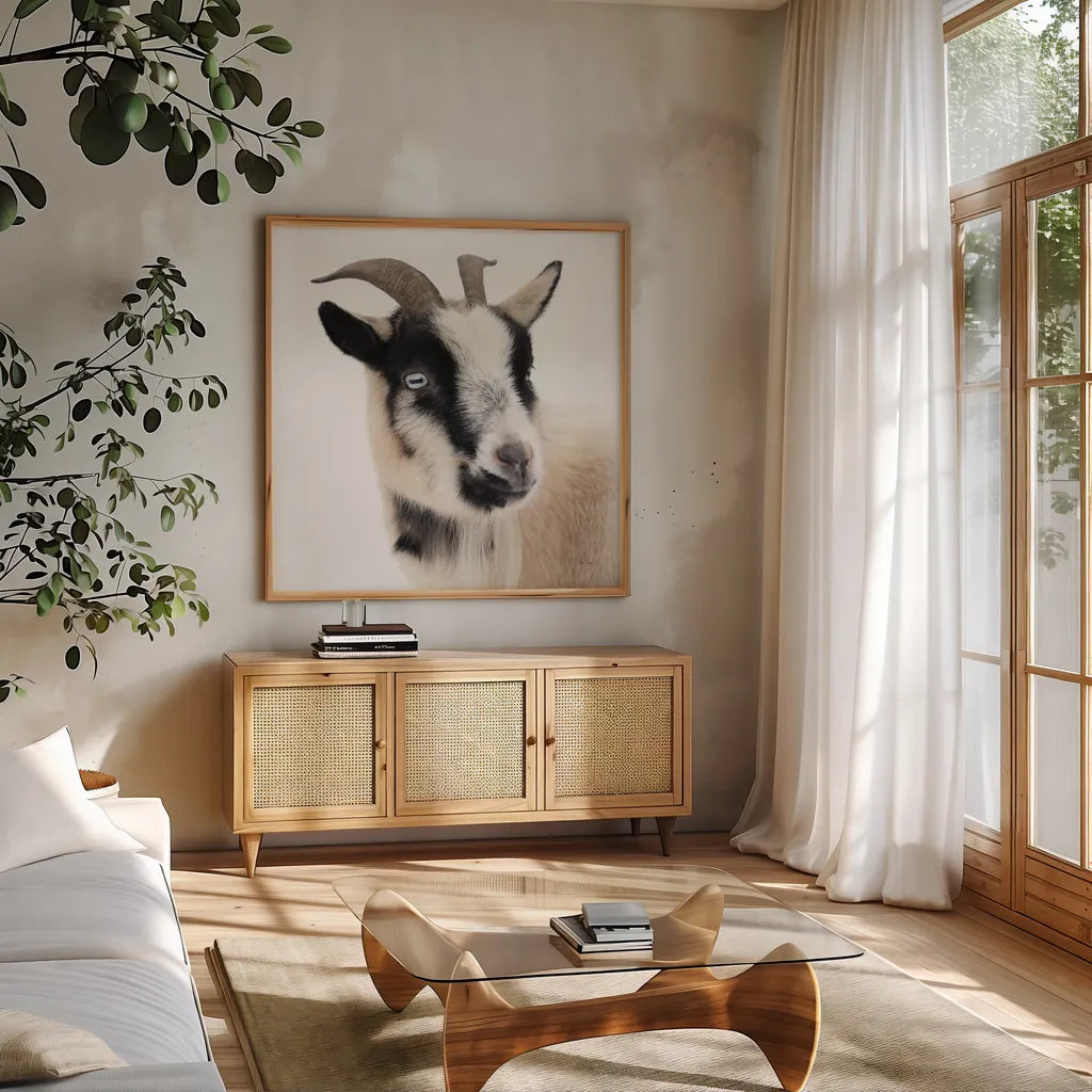 Pippa the Goat I by Deborah Revell. Shown in a natural wood frame in a cozy modern living room. Available as an archival giclee rolled canvas, fine art paper, or poster print. SKU 96297a.