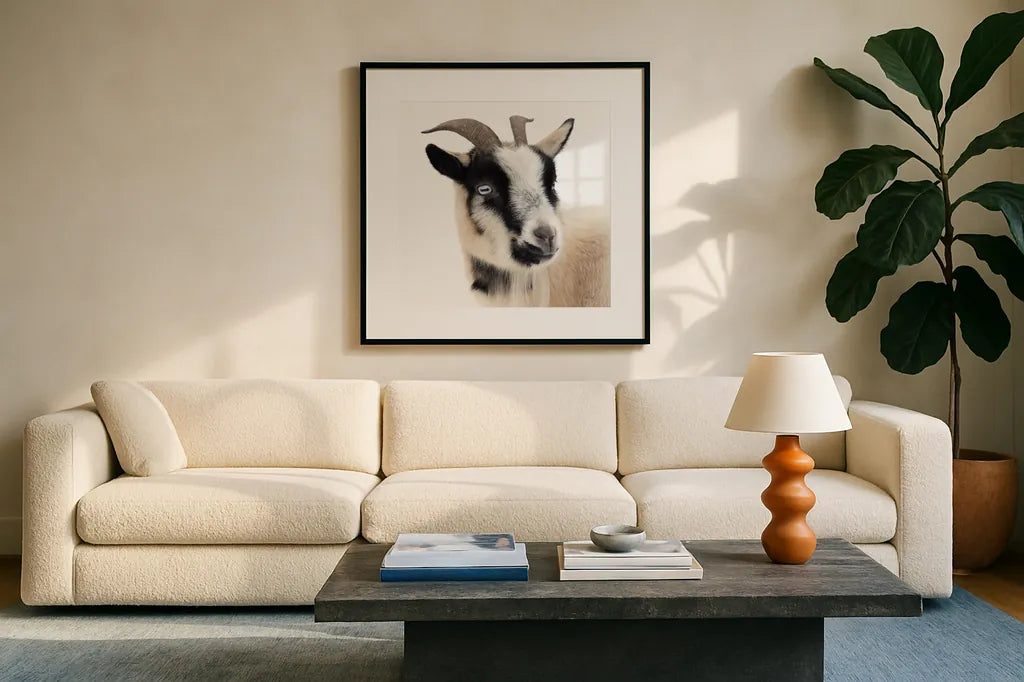Pippa the Goat I by Deborah Revell. Displayed in a glass frame with matte in a clean modern living room. Available as an archival giclee rolled canvas, fine art paper, or poster print. SKU 96297a.